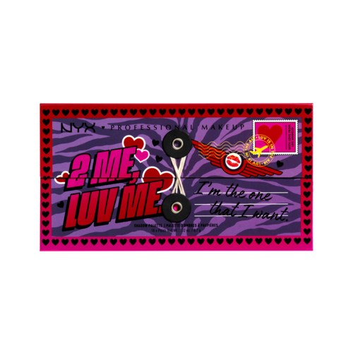 En färgglad NYX-presentkort med hjärtan, lila och rosa färger och ett meddelande som säger "2 Me 1 Love Me".