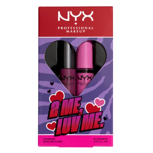 NYX läppglansset med två pinkfärgade och svarta behållare, hjärtdesign och texten '2 me, luv me' på förpackningen.