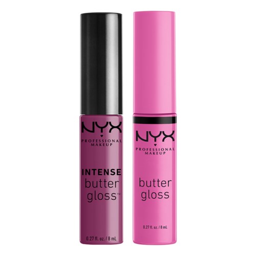 Två tuber med NYX butter gloss, en rosa och en lila, står sida vid sida.