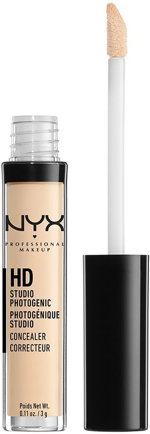 NYX HD Studio Concealer with applicator brush, in a transparent tube showing beige product.