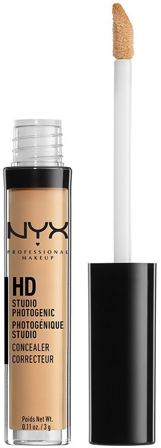 A NYX concealer bottle with a wand applicator, black and beige colors, and text describing the product.