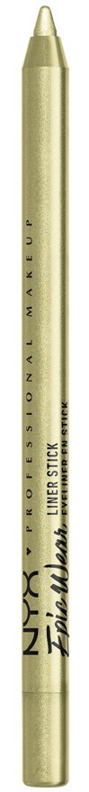 Een goudkleurige pen met zwarte tekst, die aangeeft dat het NYX vloeibare eyeliner is. Het is lang en slank.