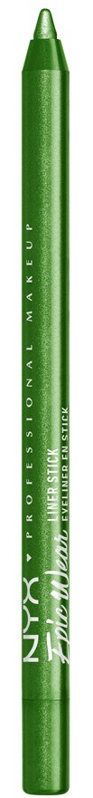Een groene oogpotlood met witte tekst, staand rechtop.