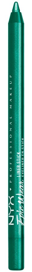 Een turquoise oogpotlood met witte tekst en branding, staat verticaal tegen een zwarte achtergrond.