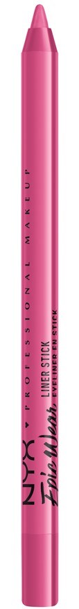 En rosa eyeliner-penna med svart text, märkt NYX, ligger vertikalt mot en svart bakgrund.