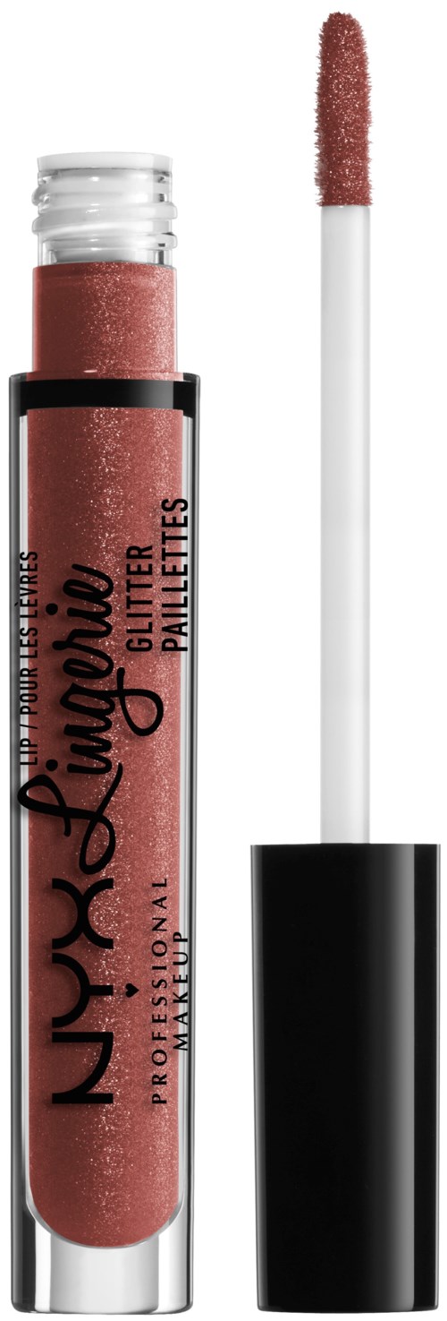A lip gloss tube with a wand, pink glittery gloss, and black and clear packaging.
