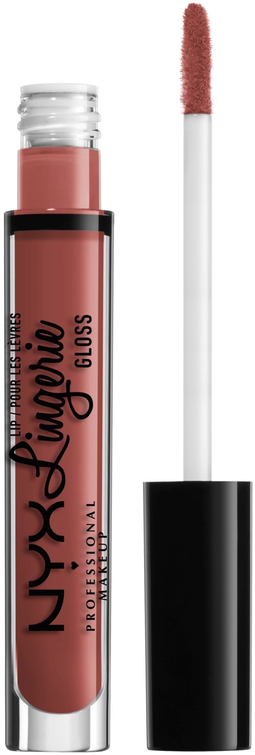 A lip gloss tube with a wand, showing pinkish gloss inside and the wand coated with gloss.
