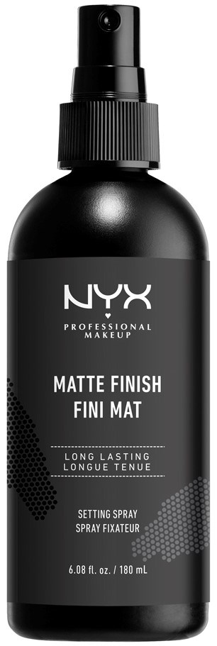 En svart sprayflaska märkt NYX Matte Finish Makeup Setting Spray, 180 ml, för långvarig matt makeup.