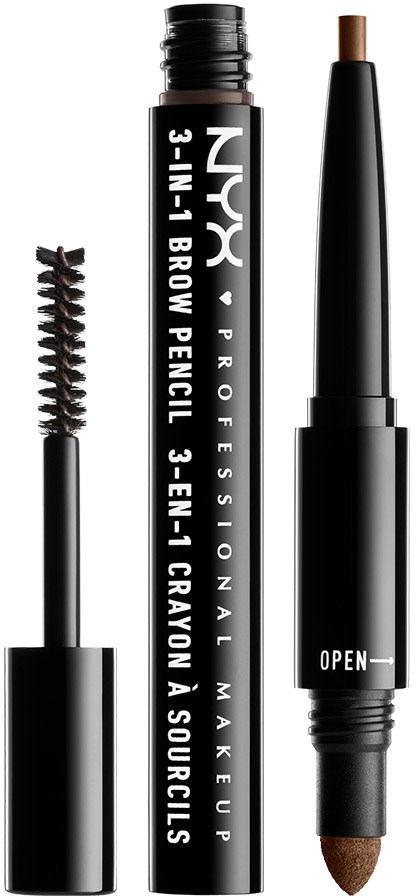 Ett dubbeländat makeup-produkthölje med en spoliieborste på ena sidan och en penna på den andra för ögonbryn.