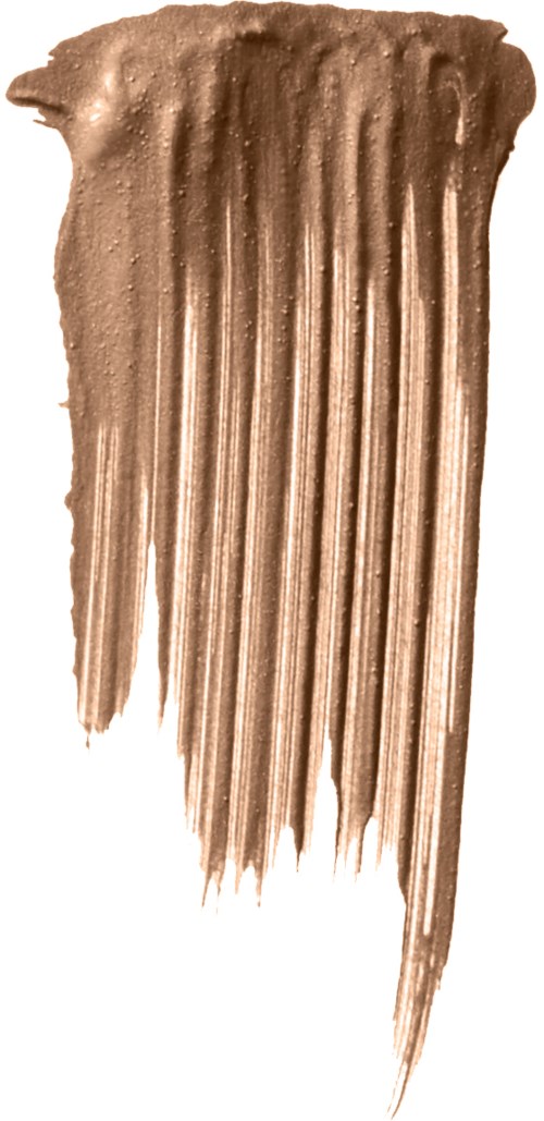 En brun makeup- eller ansiktsproduktersmäcka med streck och struktur, som blir tunnare nedåt.