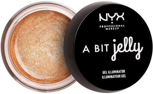 En liten behållare med guldfärgad gel och svart lock märkt 'NYX A Bit Jelly Illuminator Gel'.