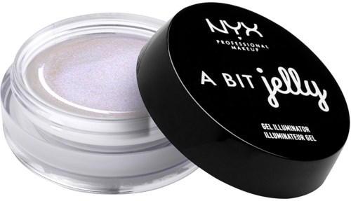 Ett litet genomskinligt lock med ljus silvergel inuti och ett svart lock märkt 'NYX A BIT jelly'.