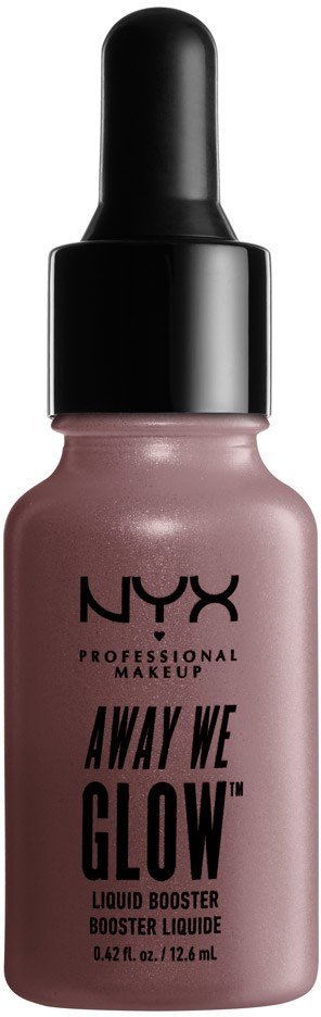 Långsmal rosa vätskedroppe med svart lock, märkt NYX, 'Away We Glow' flytande booster för smink.