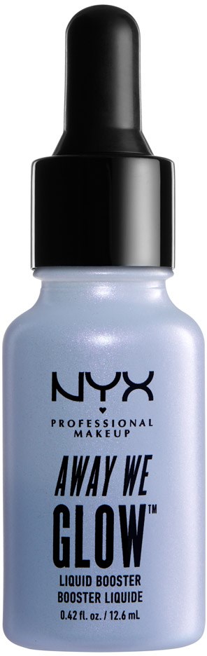 En liten flaska med droppkork, märkt NYX Away We Glow Liquid Booster, för smink eller hudvård.