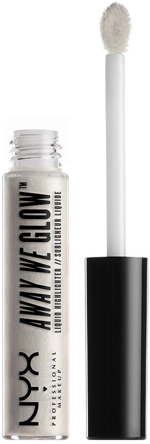 En vit flytande läppstiftsrör med borste och svart lock, märkt NYX, away glow, med minimalistisk design.