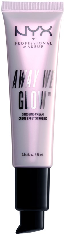 En rosa tube med NYX profesjonell sminke, merket "Away We Glow," med svart hette, står opp.