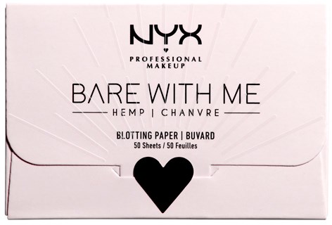 NYX-meikkipakkaus nimeltä 'Bare With Me' hampulla ja kamomillalla, sisältää 50 puuteripaperia, on musta sydän.