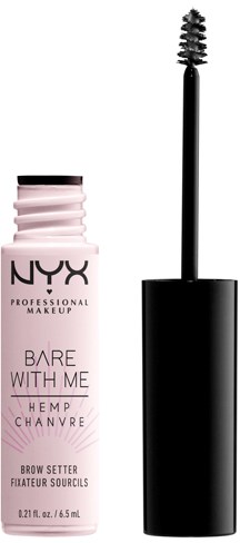 En mascara-flaska med ett borstapplikator bredvid, märkt 'NYX Bare With Me Hemp ChAiR'.
