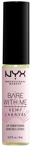 A small bottle of NYX lip conditioner with a pink label, indicating it's for lips, with hemp ingredient, 0.27 fl oz.
