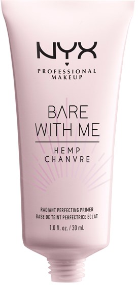 Lys rosa tube med svart og lilla tekst, som reklamerer NYX primer kalt 'Bare With Me Hemp Chanvre.'