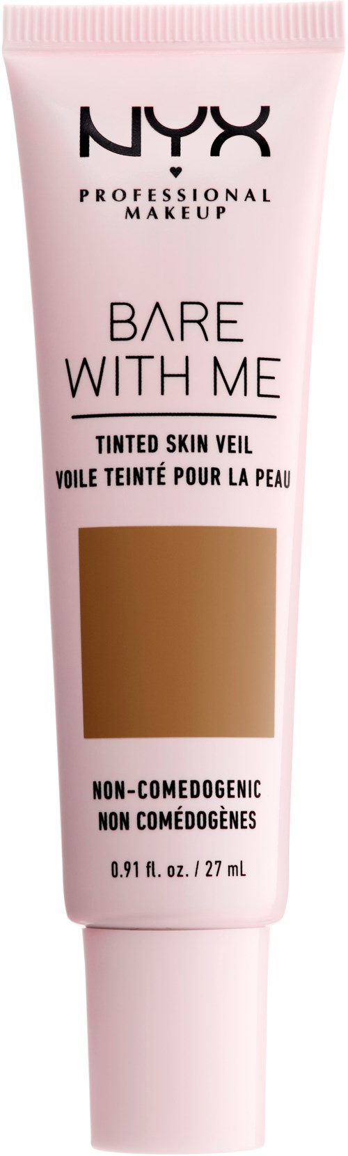 A pink tube of NYX Bare With Me tinted skin veil makeup, non-comedogenic, 0.91 fl oz/27 ml.