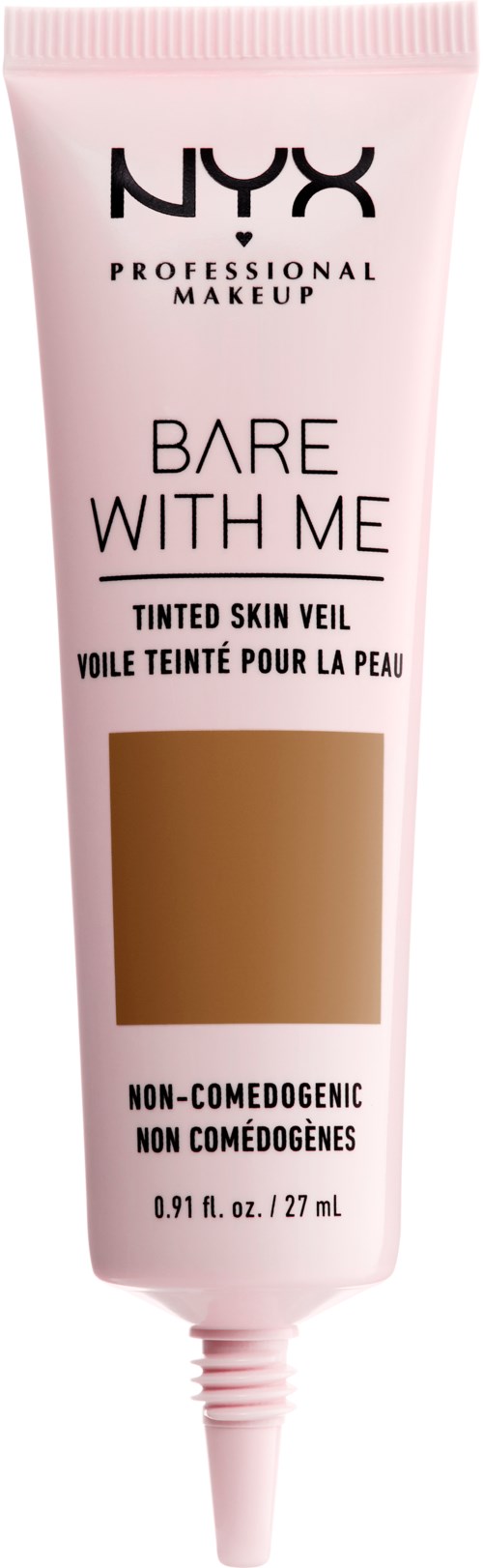 A pink tube of NYX foundation for tinted skin, non-comedogenic, with a pointed applicator and 0.91 fl oz content.