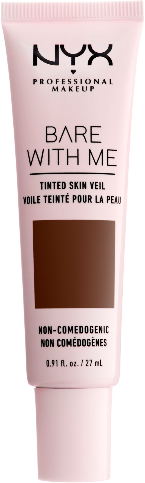 En lyserød tube af NYX Bare With Me tonet hudskærm med produktnavn og beskrivelse.