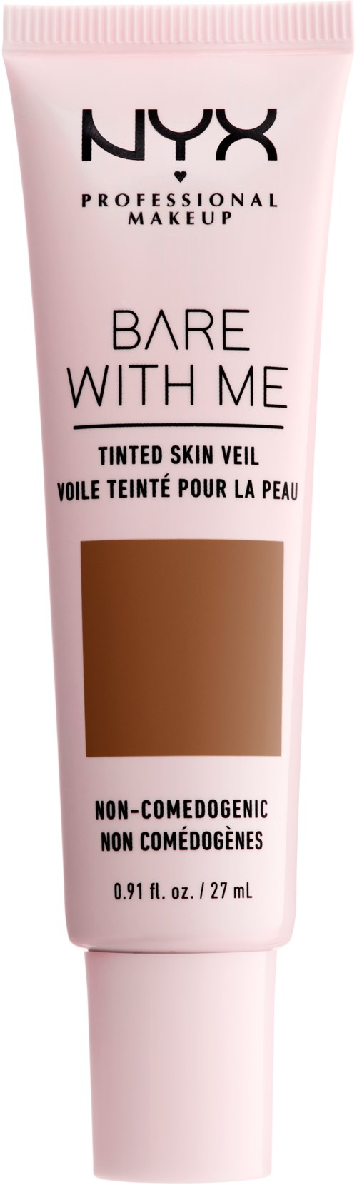 En tube med NYX Bare With Me tonet hudskærm, ikke-komedogen, 0,91 fl oz/27 ml.