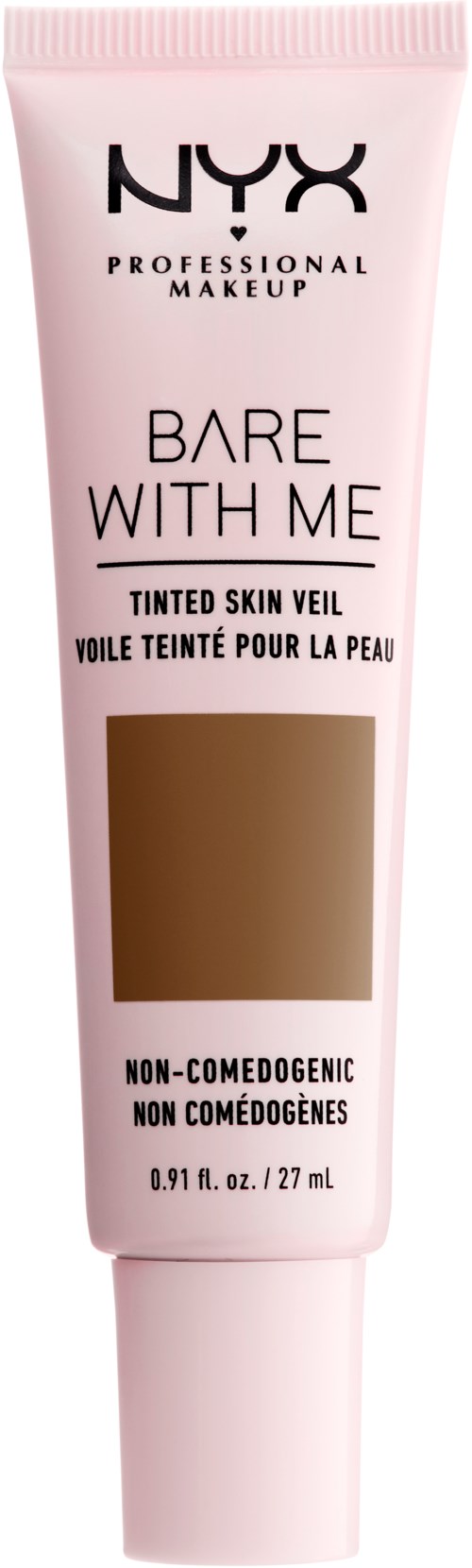 En rosa tube med NYX Bare With Me farvet hudskærm, 0,91 ounces, til ikke-komedogen brug.
