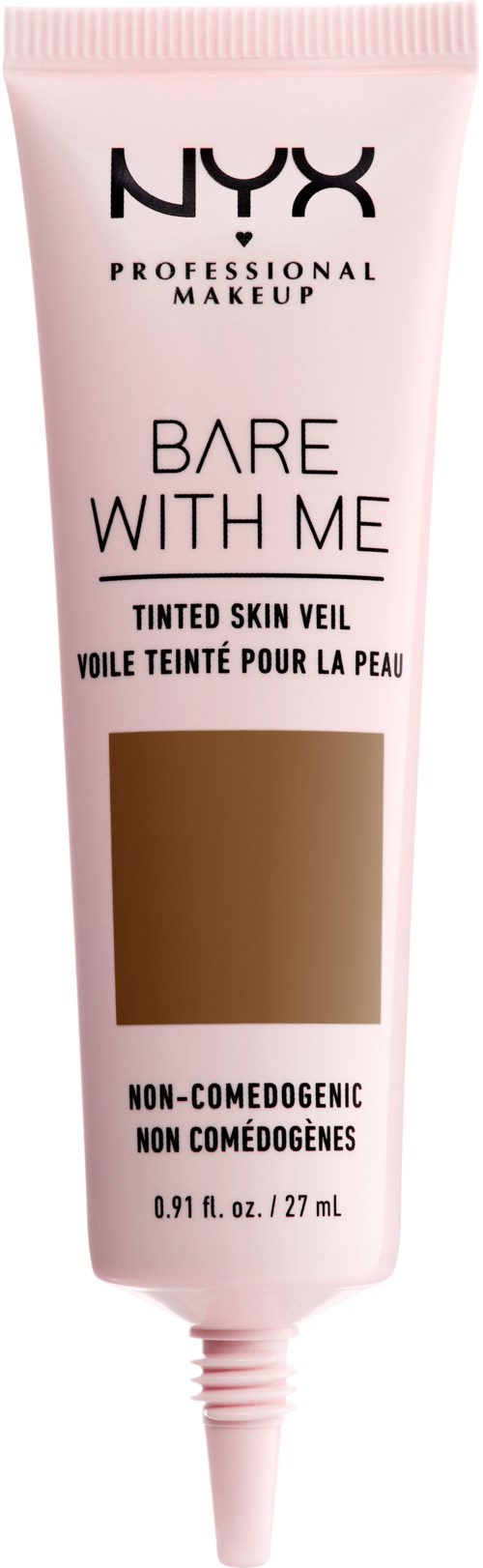 En rosa tube fra NYX Bare With Me farvet hudskærm til ikke-komedogen makeup, 0,91 fl oz (27 ml).
