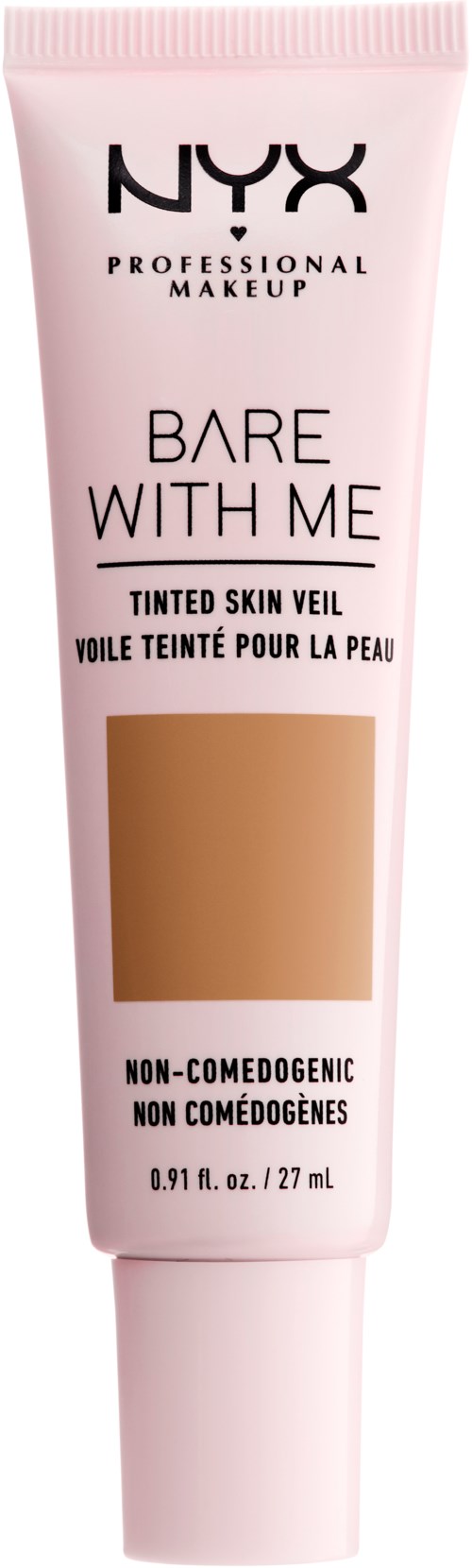 En lyserød tube med NYX makeup kaldet 'Bare With Me' tonet hudskærm, ikke-komedogen, 0,91 oz.