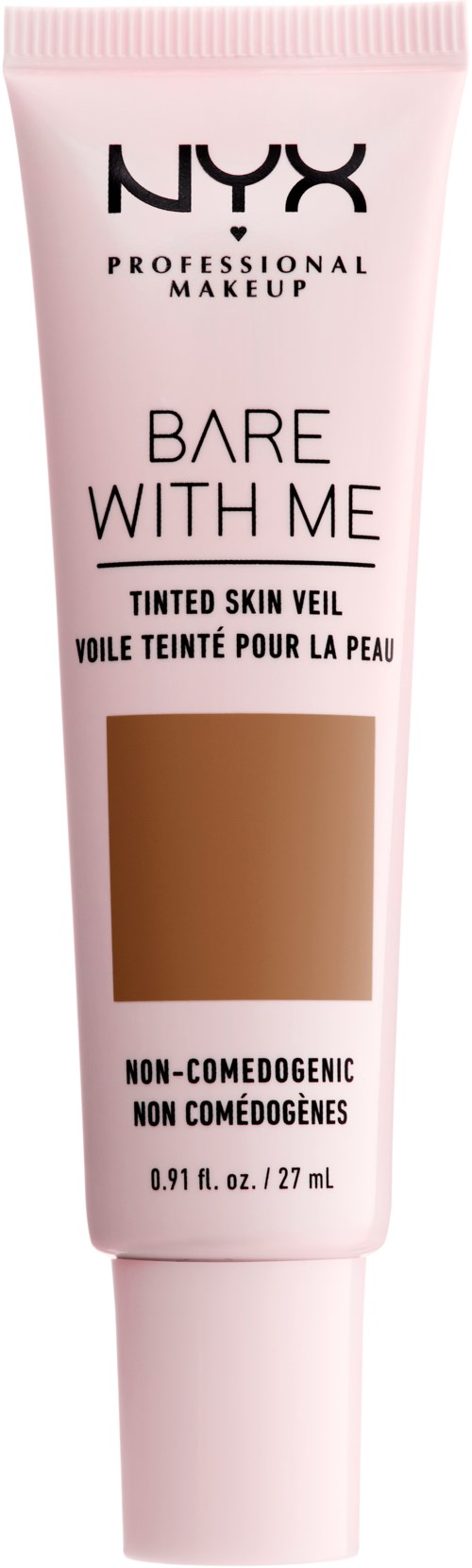 En tube NYX Bare With Me farvet hudskærm. Ikke-komedogen, 0,91 oz i lyserødt emballage.