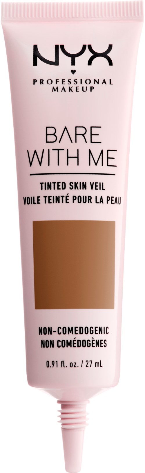 En pink tube med NYX makeup med tekst om tonet hudskærm og ikke-komedogen.