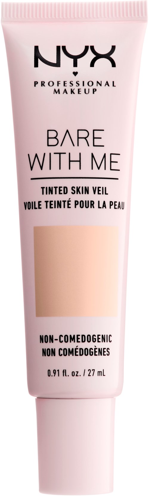 En lyserød tube fra NYX Bare With Me tonet hudtæppe, ikke-komedogen makeupprodukt, 0,91 fl oz, til ansigtet.