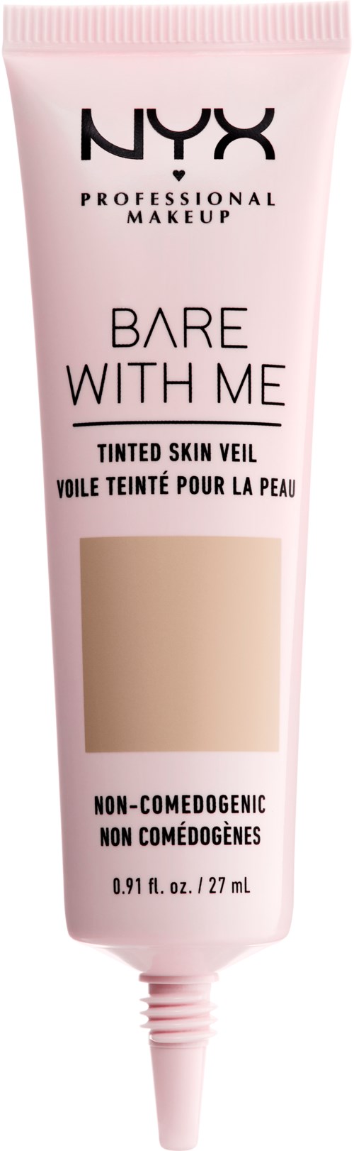 En lyserød tuben med NYX makeupprodukt kaldet 'Bare With Me' til tonet hud, non-komedogen, 0,91 fl oz.