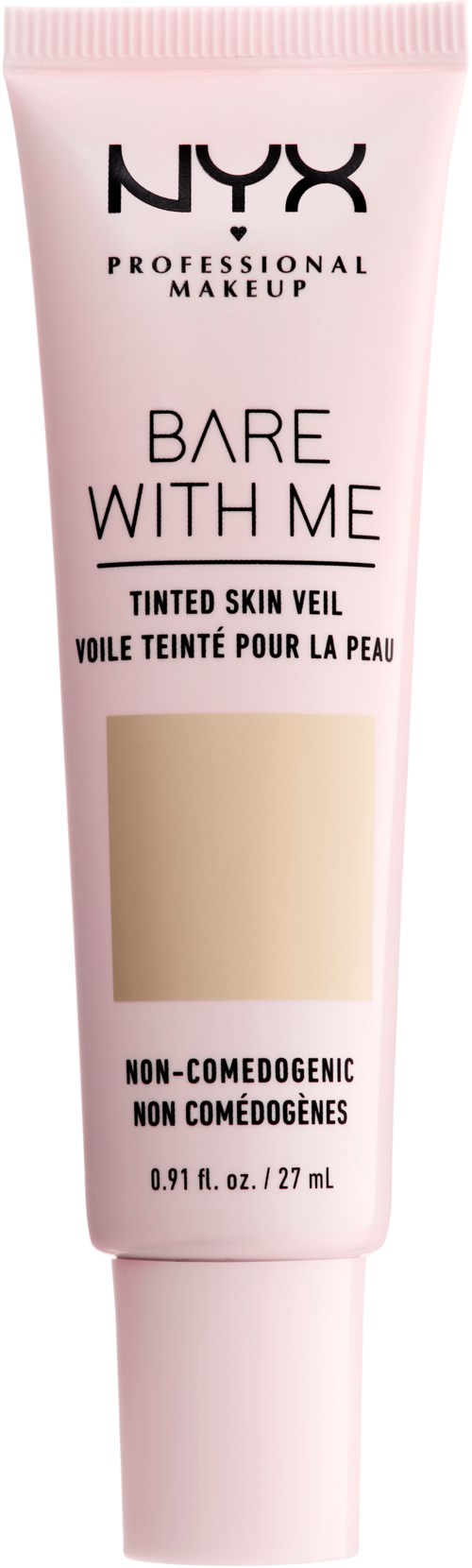 En pink tube af NYX makeup til tonet hud, mærket 'Bare With Me', non-komedogen, 0,91 oz.