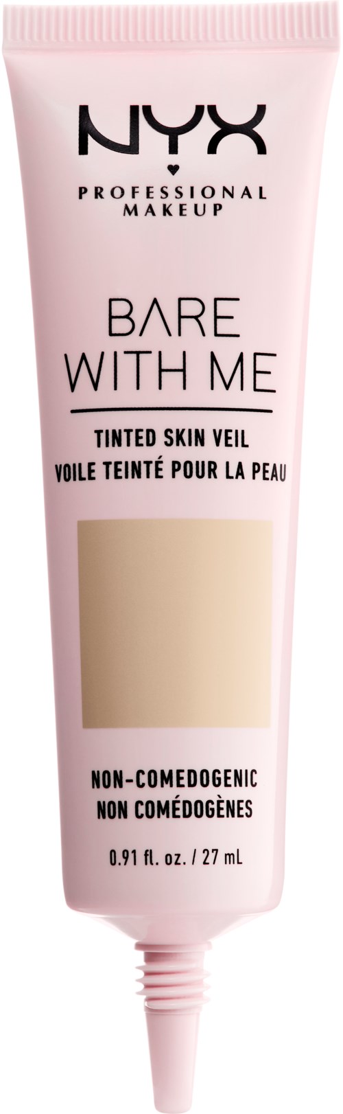 Pink tube med NYX Bare With Me farvet huddække, ikke-komedogen, 0,91 fl oz, 27 ml.