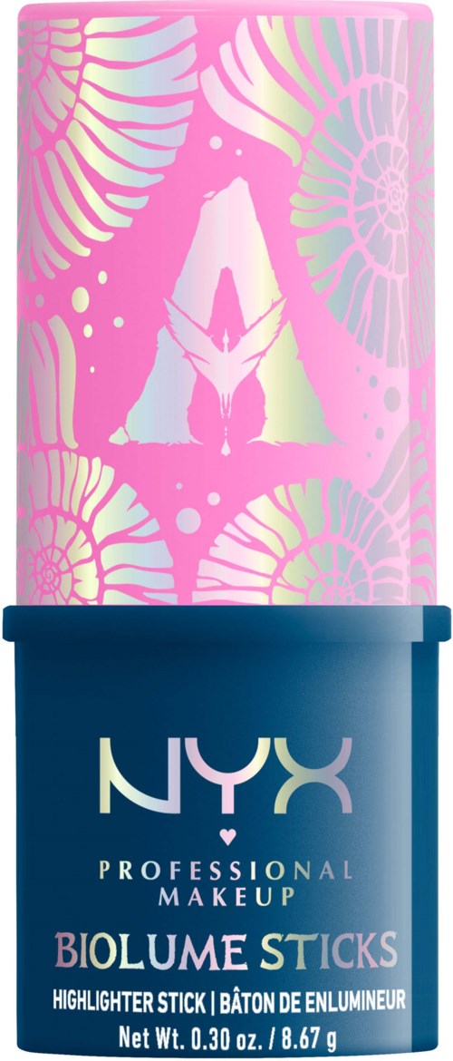 A makeup highlighter product with a pink floral design on the top and a blue base with NYX branding.