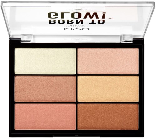 En sminkpalett med sex olika nyanser av rouge eller highlighter i ett svart fodral med genomskinligt lock.