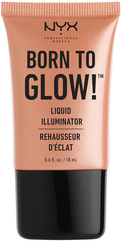 En peachfärgad tube med NYX Born to Glow flytande highlighter med svart lock.