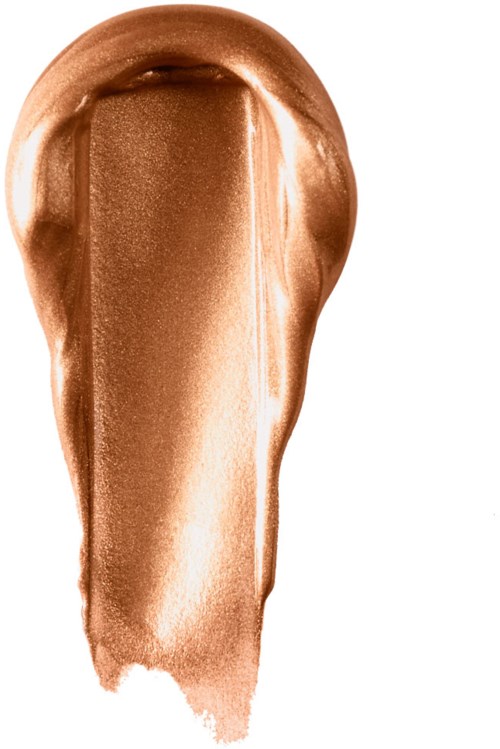 En metallic, persikfärgad läppstiftssmäcka med glänsande, slät yta. Den rinner nedåt och visar en glansig textur.
