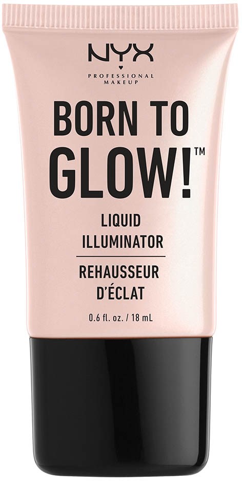 Ett ljusrosa rör med NYX flytande ljusreflekterande produkt, märkning 'Born to Glow'.