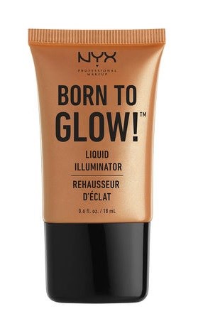 En tub med NYX Born to Glow flytande highlighter, beige färg, svart lock, med produktnamn och beskrivning på framsidan.