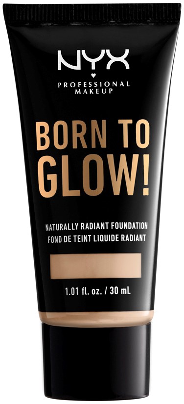 Czarna tubka podkładu NYX z beżowym napisem "Born To Glow!" i opisem jako promienna podkład.
