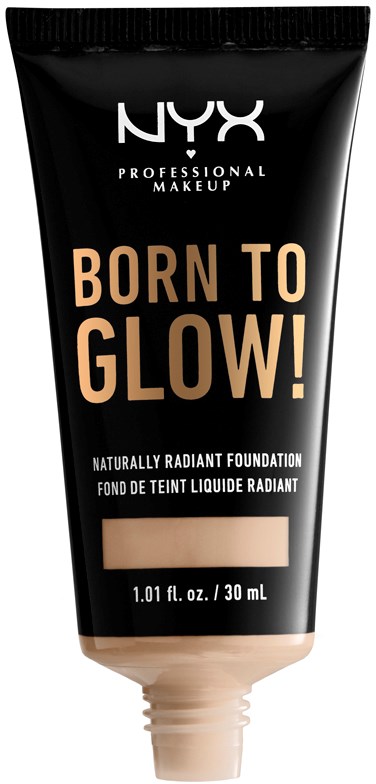Czarna tubka NYX makijażu z bezzębiena etykietą produktu i pogrubionym tekstem 'BORN TO GLOW!' dla rozświetlającej podkładu.