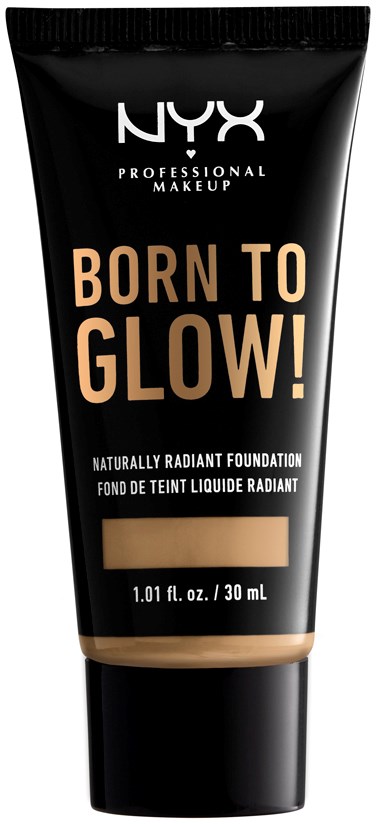 Czarna tubka podkładu NYX z napisami "Born to Glow!" i szczegółami produktu.