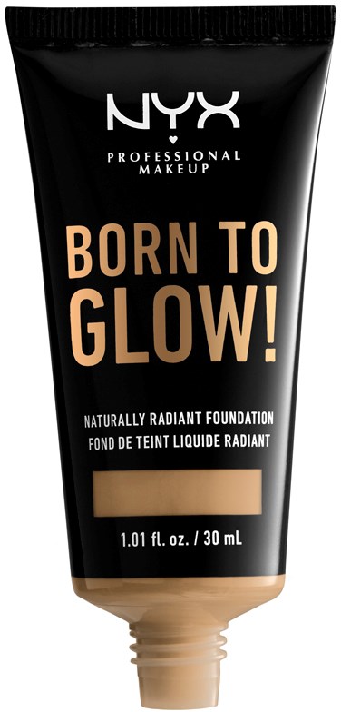 Tubka podkładu NYX Born to Glow! w czarnej tubce z pomarańczowym napisem i beżowym środkiem.