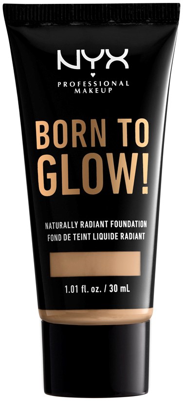En svart tub med NYX-foundation med beige text och en beige rand längst ner.