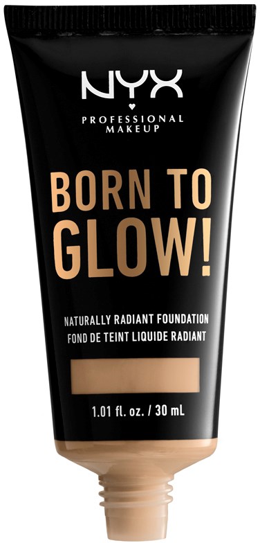 Svart tub med NYX-foundation, beige etikett, logotyp och produktnamn, samt en beige rand.