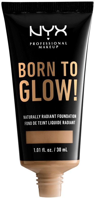 NYX Born to Glow rozświetlająca podkładka, kolor beżowy, tubka, 30 mL, promuje promienną skórę.